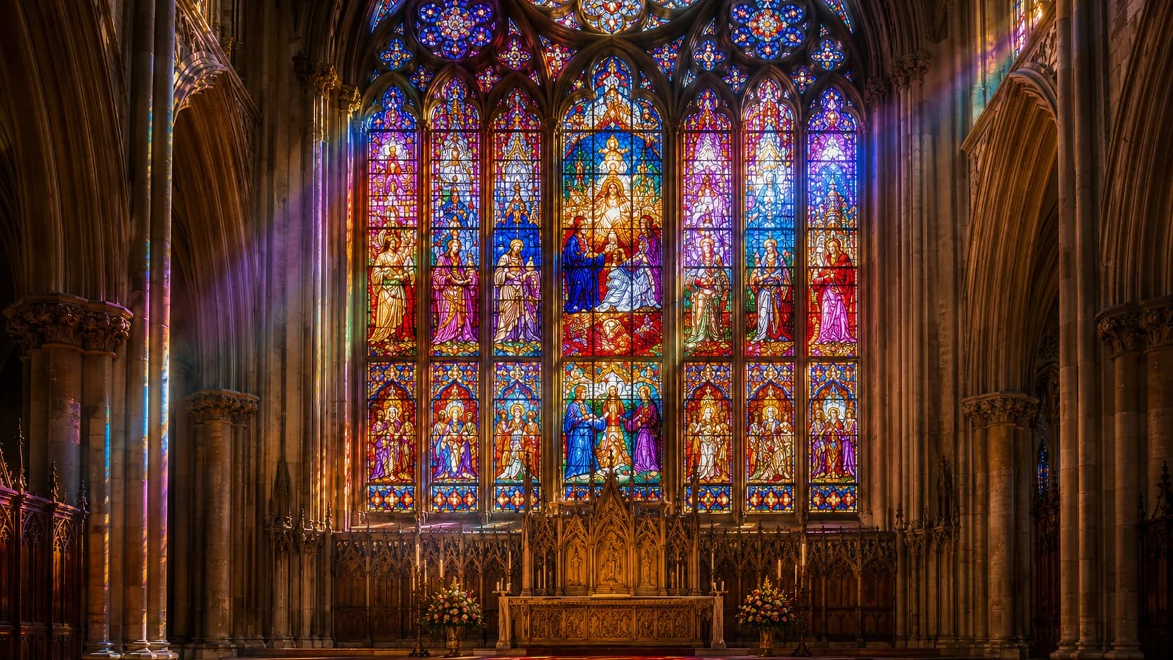 Cathedral interior with stained glass restoration atmosphere and sacred architecture
