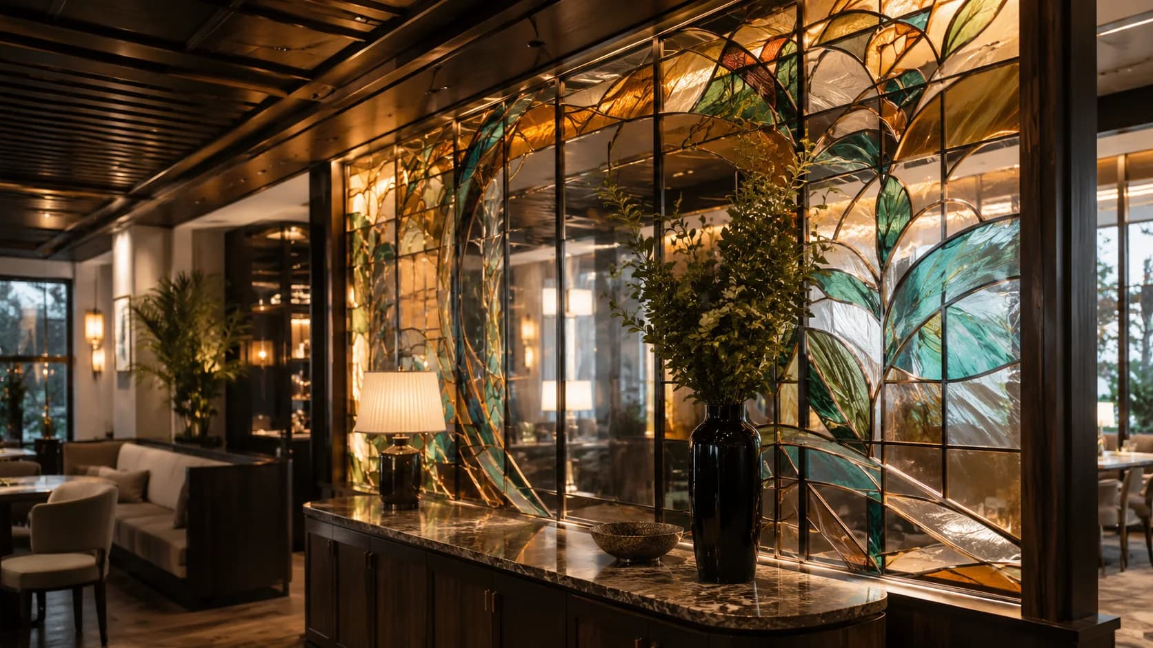 Commercial architectural stained glass partition with warm interior lighting