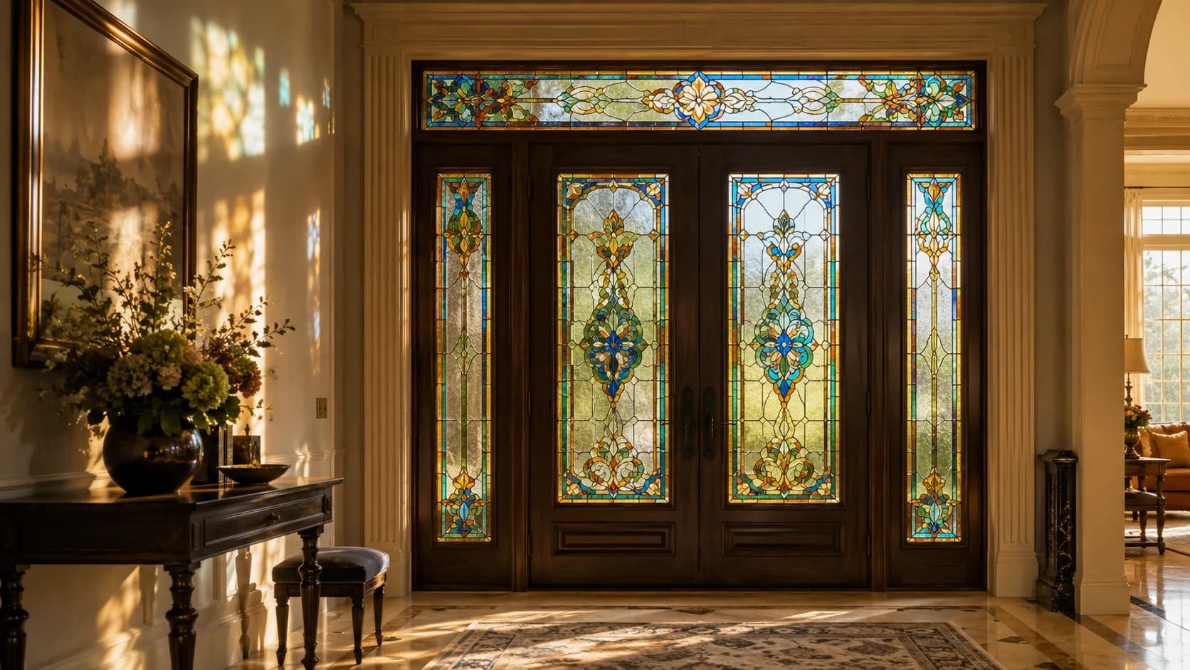 Custom stained glass entry doors with patterned blue and amber glass