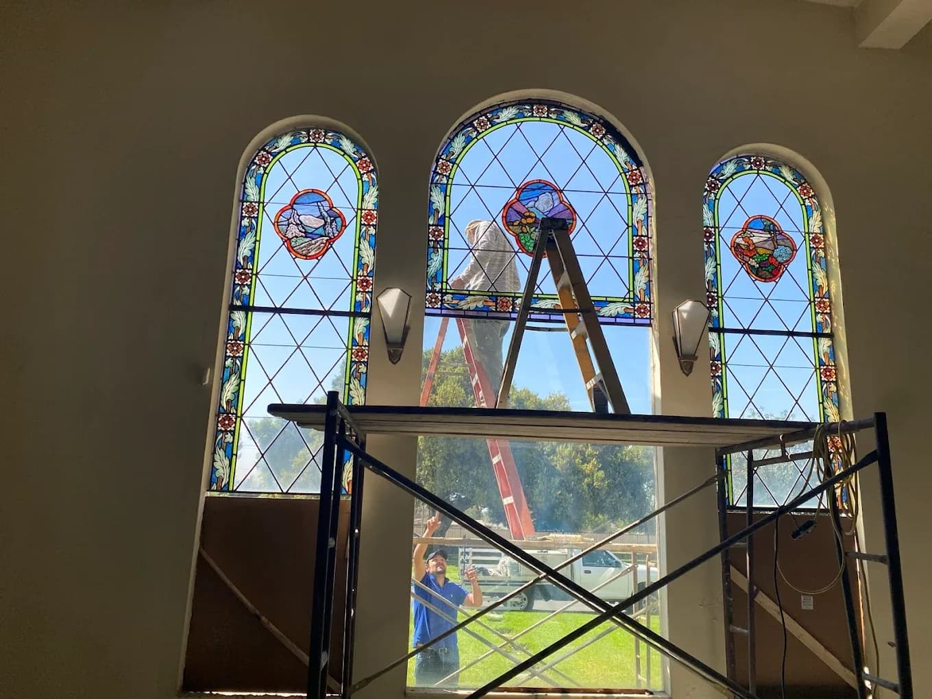 Interior scaffold access used for church stained glass repair