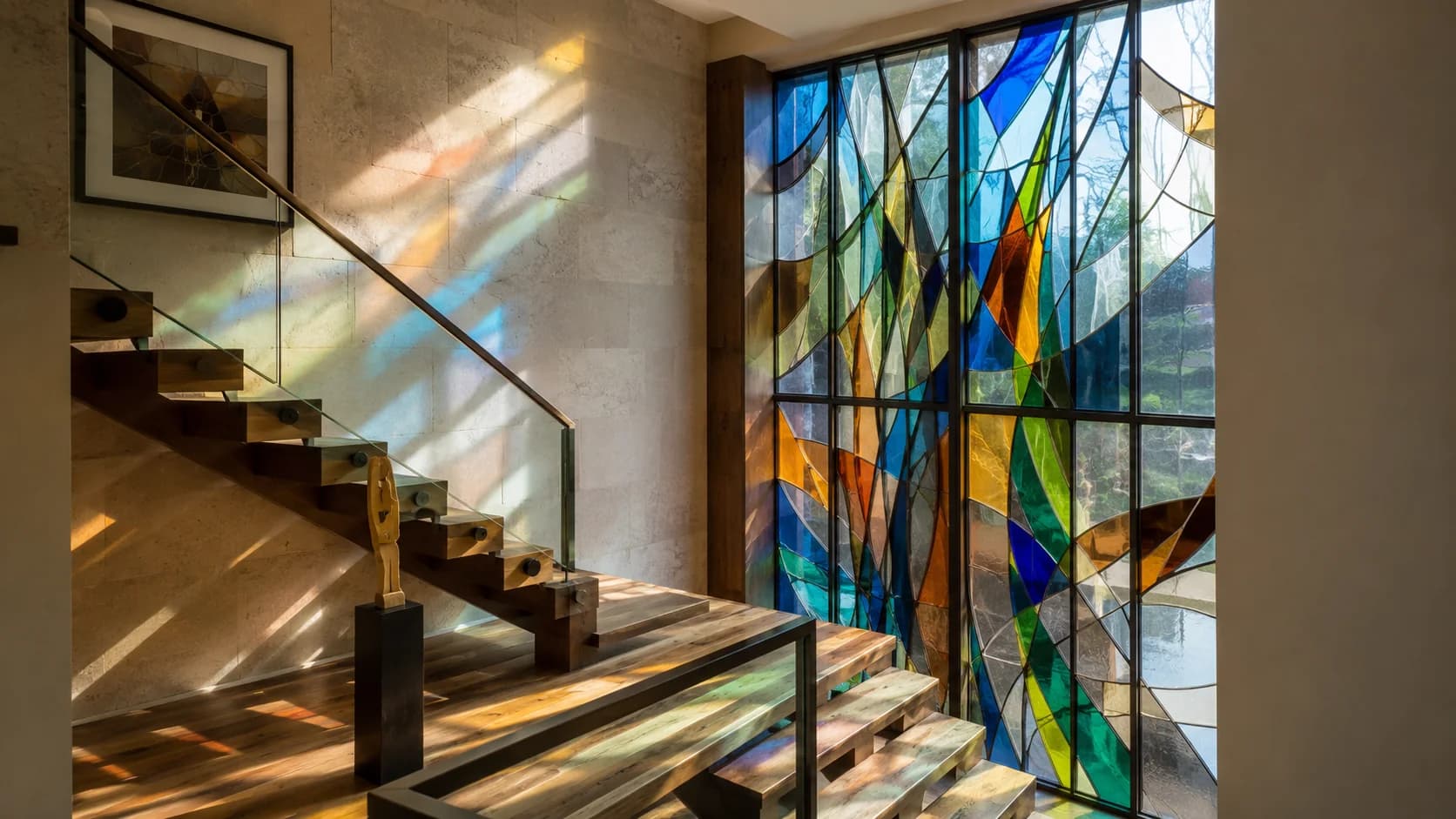 Contemporary stained glass feature wall beside an interior staircase